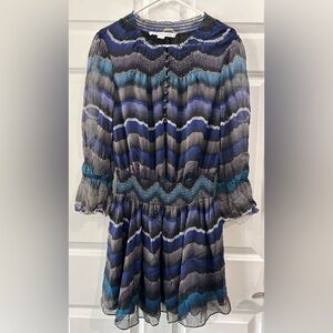 Diane Von Furstenberg Women's Sz 0 Kelley Smocked Chiffon Silk Peacock Dress DVF